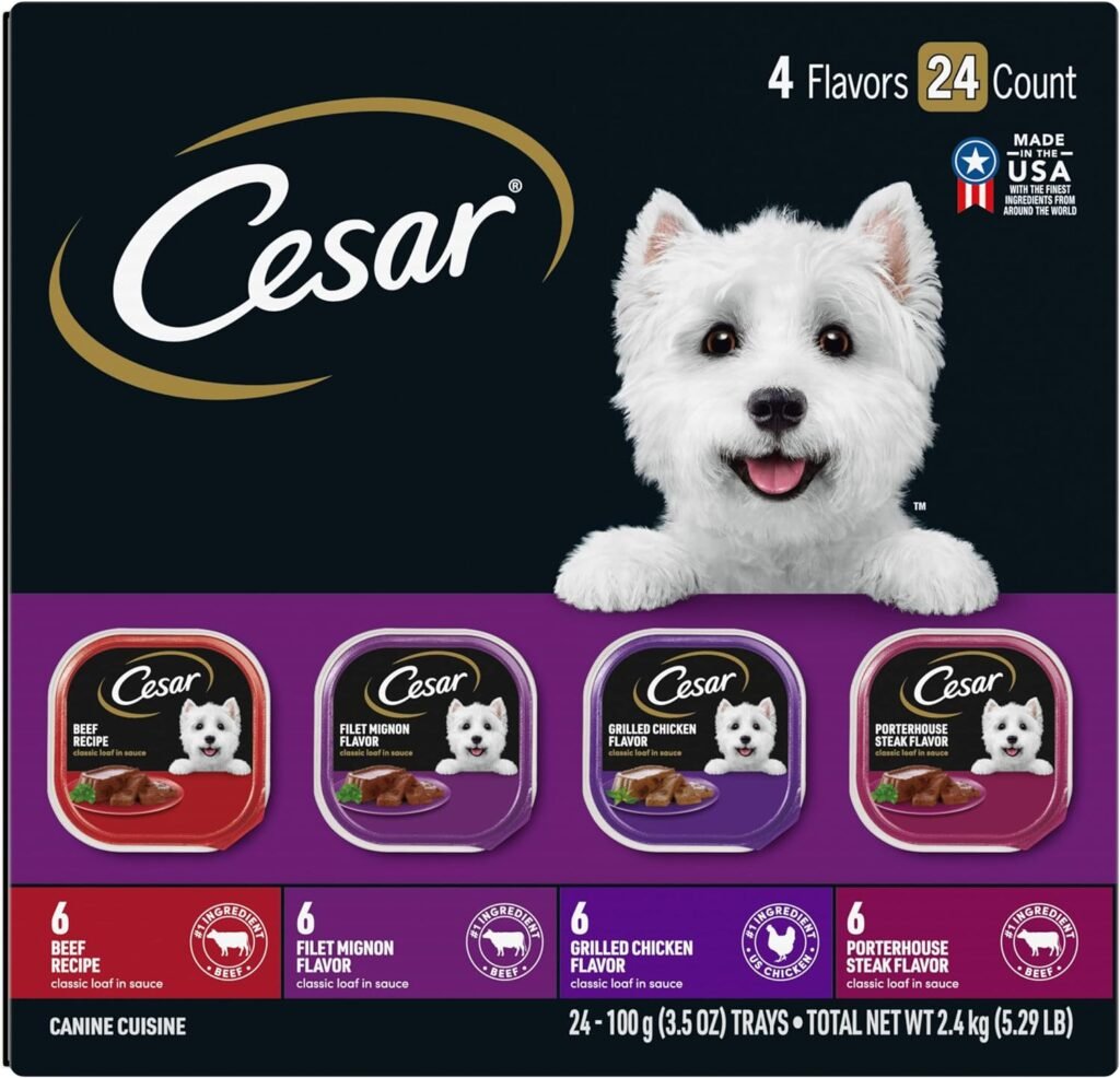 02 CESAR Adult Wet Dog Food Classic Loaf in Sauce Beef Recipe, Filet Mignon, Grilled Chicken and Porterhouse Steak Variety Pack, 3.5 oz. Easy Peel Trays (Pack of 24)