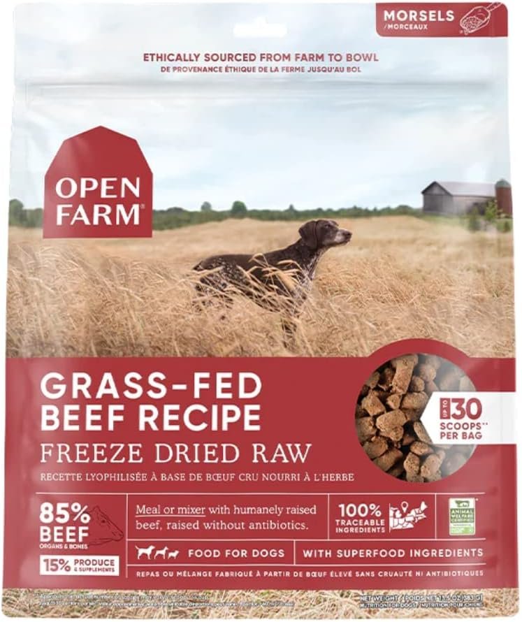 03 Open Farm Freeze Dried Raw Dog Food, Humanely Raised Meat Recipe with Non-GMO Superfoods and No Artificial Flavors or Preservatives (13.5 Ounce (Pack of 1), Grass Fed Beef Recipe)