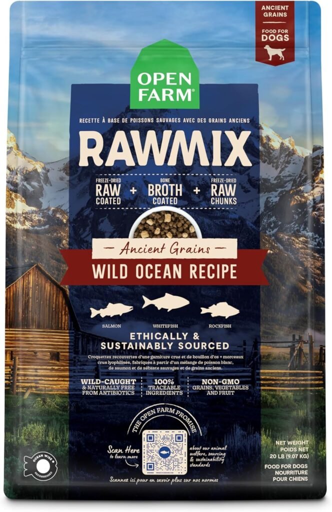 04 Open Farm RawMix Ancient Grains Wild-Ocean Recipe for Dogs, Includes Kibble, Bone Broth, and Freeze Dried Raw, Inspired by The Wild, Humanely Raised Protein and Non-GMO Fruits and Veggies, 20 lb