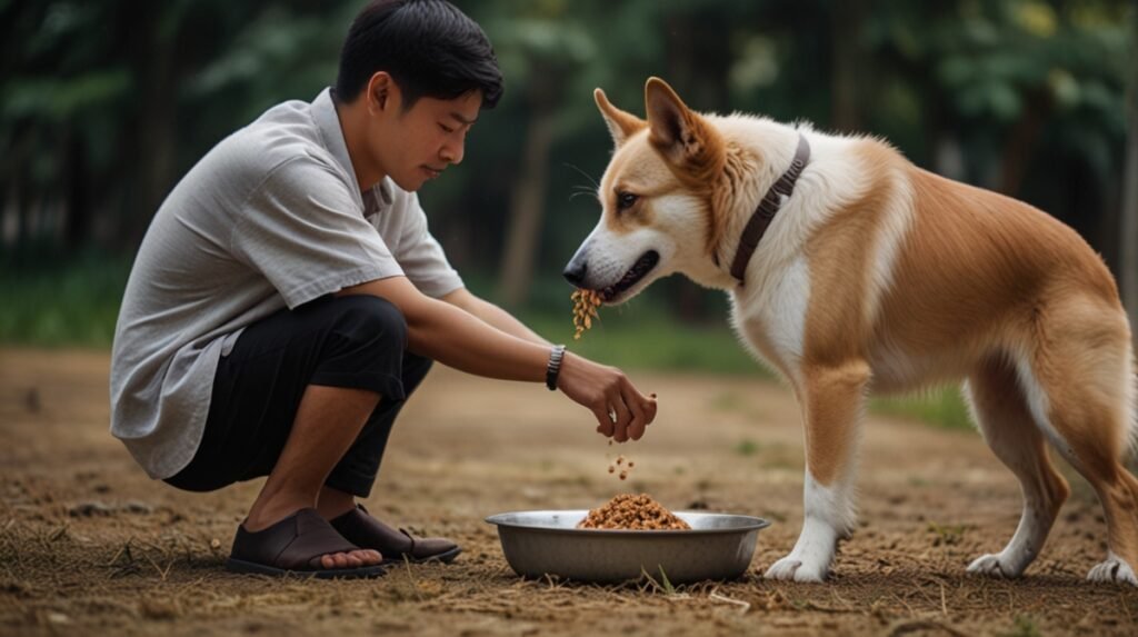 A dog is feeding by his owner