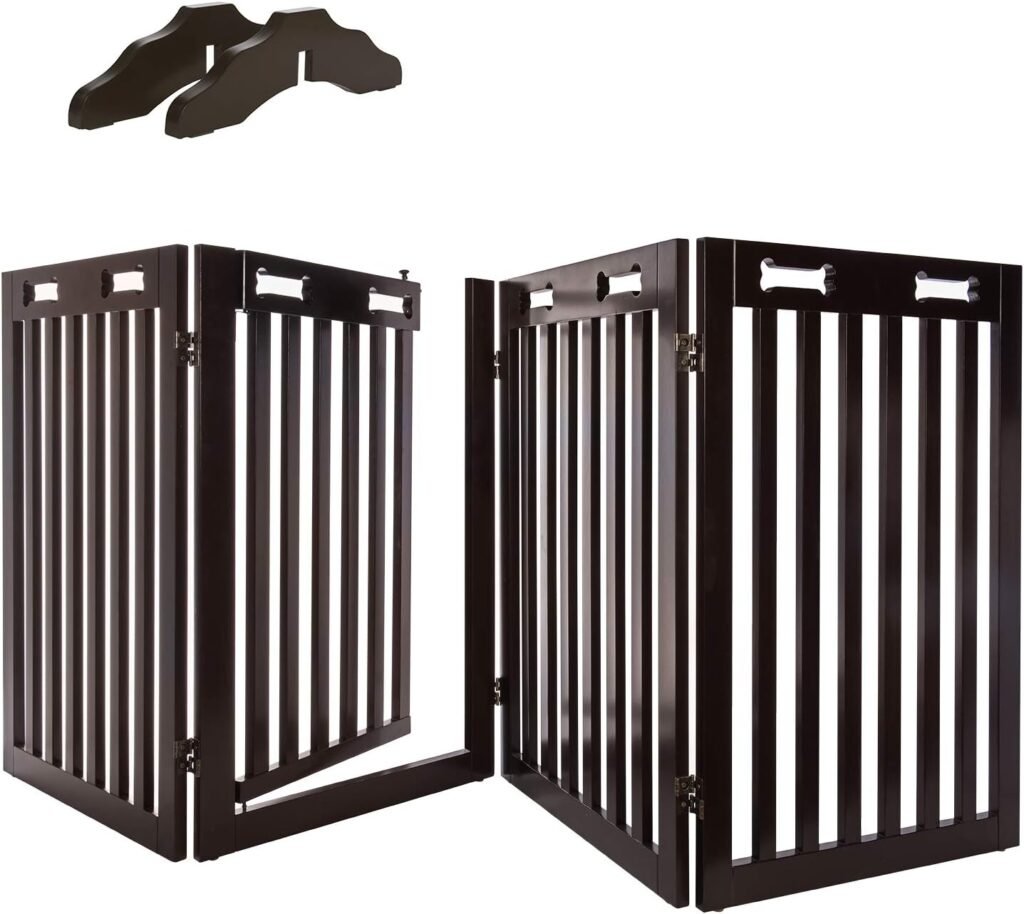 06 Arf Pets Freestanding Dog Gate with Door, 4 Panel 360° configurable Wooden Fence, 80 Wide, 31.5 Tall, Foldable, Set of Foot Supporters Included, for The House - Indoor Use