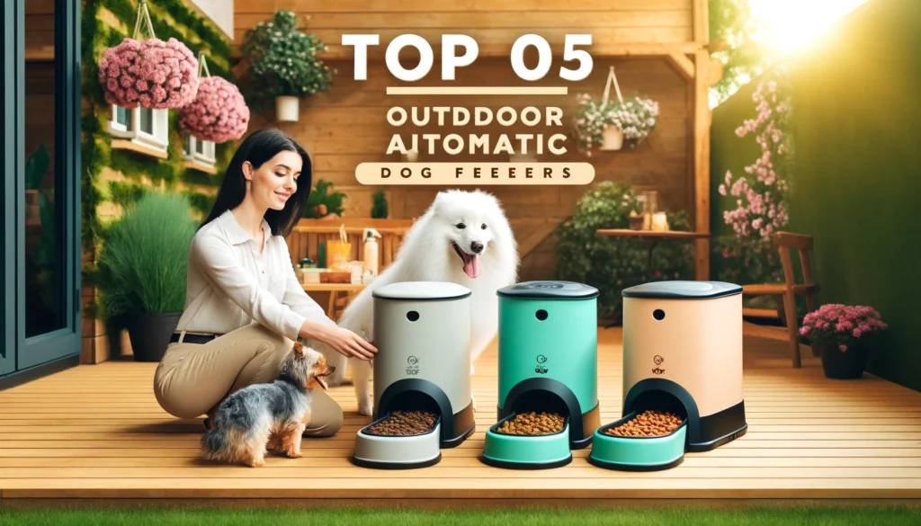 DALL·E 2024-06-06 16.54.09 - A detailed and attractive article feature image for a dog care website. The image should show a variety of outdoor automatic dog feeders in different