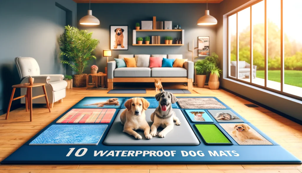 DALL·E 2024-06-06 17.07.10 - A detailed and attractive article feature image for a dog care website. The image should show a variety of waterproof dog mats in different designs an