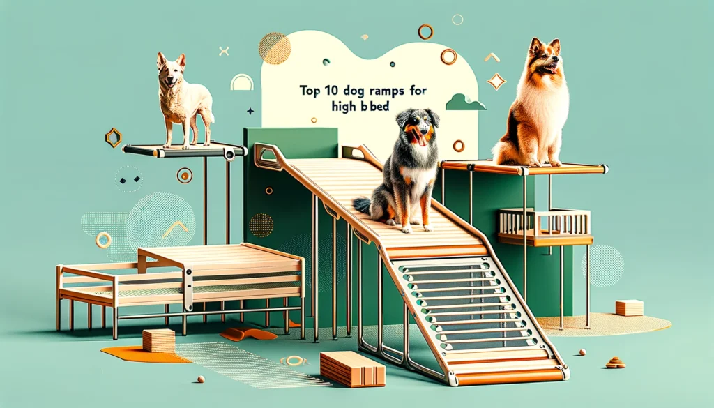 DALL·E 2024-06-06 17.09.18 - A detailed and attractive article feature image for a dog care website. The image should show a variety of dog ramps designed for high beds, with dogs