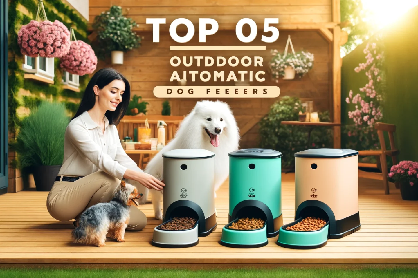 DALL·E 2024-06-06 16.54.09 - A detailed and attractive article feature image for a dog care website. The image should show a variety of outdoor automatic dog feeders in different