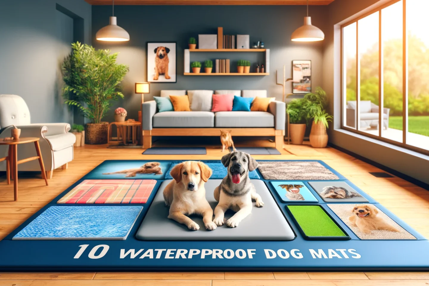 DALL·E 2024-06-06 17.07.10 - A detailed and attractive article feature image for a dog care website. The image should show a variety of waterproof dog mats in different designs an