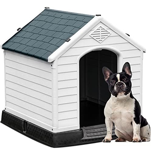 YITAHOME 28.5'' Plastic Dog House Outdoor Indoor Doghouse Puppy Shelter Water Resistant Easy Assembly Sturdy Dog Kennel with Air Vents and Elevated Floor (28.5''L*26''W*28''H, Gray)