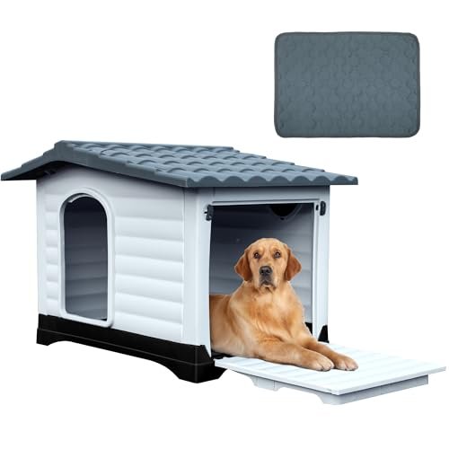 DWVO 43.7'' 2-Door Dog House with Elevated Base & Cushion, Plastic Pet House for Small, Medium, and Large Dogs, Easy Assembly, Water-Resistant for Indoor/Outdoor Use (43.7''L x 33''W x 31.6''H)