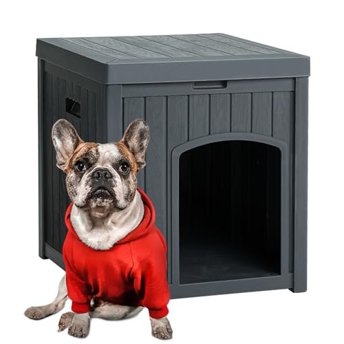 Indoor Dog House Weatherproof Outdoor Dog Houser for Small Medium Dogs, Resin Plastic Igloo Dog House with Flip Lid and Elevated Floor, Easy Assembly for Cat Puppy Shelter (Grey)