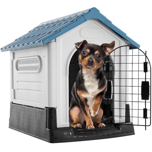 MBBMW Dog House Outdoor Indoor, Insulated Weatherproof Plastic Doghouse for Small Medium Large Dogs, Easy Assemble Ventilate Puppy Kennel with Door, Bowls, Mat (Blue, 26.5''L*21.5''W*26.5''H)