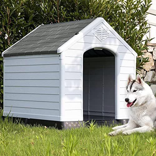 Outdoor Indoor Dog House, Weather & Water Resistant Large Dog House for Small Medium Large Dogs, Durable Plastic Outdoor Dog House with Air Vents and Elevated Floor, (41''L*37.4''W*39''H, Grey)