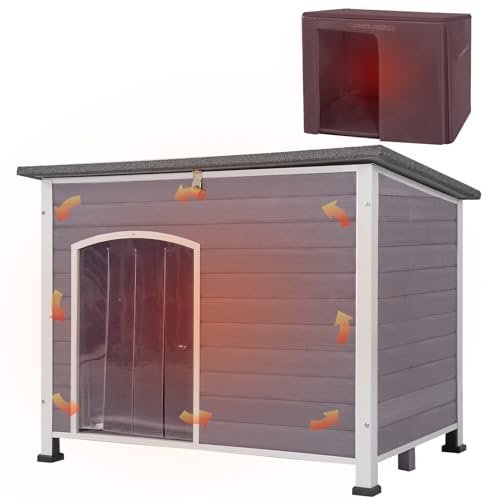 Aivituvin Dog House with Insulated Liner for Winter, Waterproof Heated Dog Kennel for Small Medium Large Dog with All-Around Iron Frame