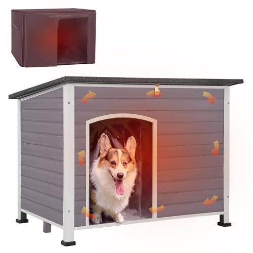 GUTINNEEN Dog House Insulated Outdoor Dog Kennel with Liner for Winter Large(Grey and White)