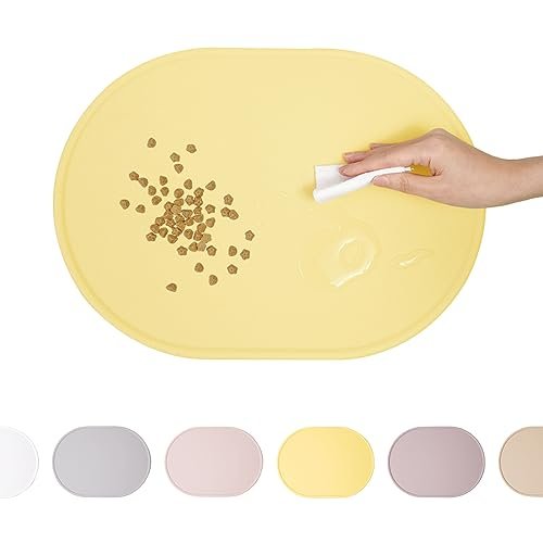 BOWLBOWL Silicon Dog Cat Pet Food Mat, Dog and Cat Feeding Water Bowl Mat, Raised Edges to Prevent Spills, Non-Slip, 15.7×11.4, Made in Korea! (CHEESEYELLOW)