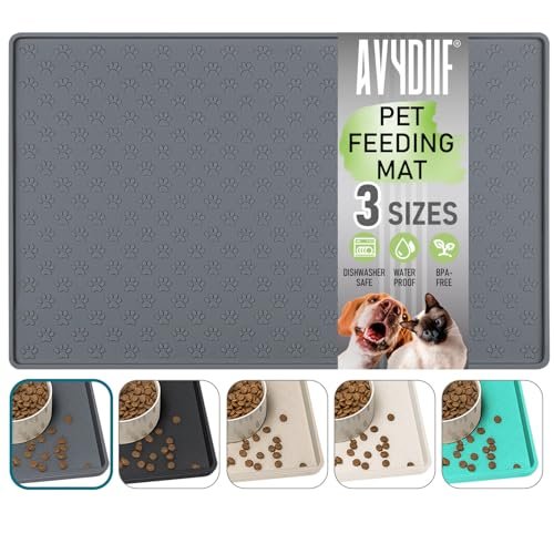 AVYDIIF Silicone Dog Cat Food Mat, Waterproof Slip Resistant Raised Edge Pet Feeding Mats, Pet Bowl Mat with High Lip, Anti-Messy and Prevent Spill on Floor, Dishwasher Safe(24