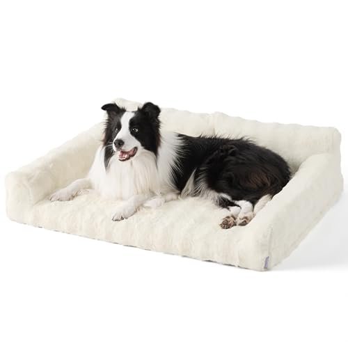 Lesure Orthopedic Dog Beds for Large Dogs, Cute Waterproof Dog Couch with Supportive Egg Foam, Washable Large Cat Sofa with Fluffy Faux Fur Bubble Cover, Non-Slip Bottom Dog Crate Bed, White