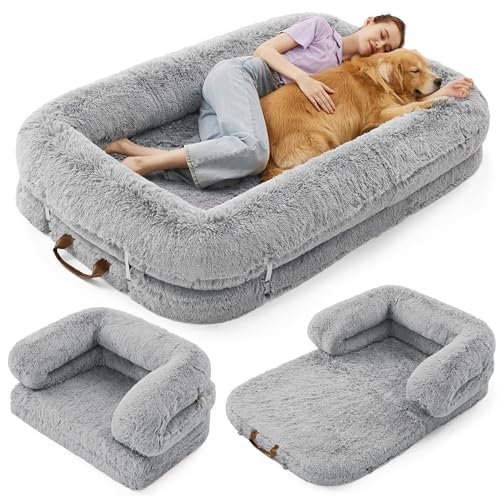 Lesure Foldable Human Dog Bed - 3 in 1 Flexible Giant Human Dog Bed for Adult People with Supportive Bolster Egg Foam, Waterproof Liner, Calming Fluffy Faux Fur Orthopedic Big Bean Bed, Light Grey