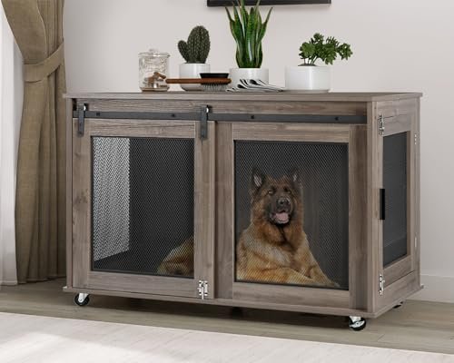 LINLUX 47 Inch XL Dog Crate Furniture, Wooden Heavy Duty Dog Kennel Indoor, Decorative Dog Cage Table for Extra Large Dogs, with Sliding Doors, Wheels and Flip-top Plate