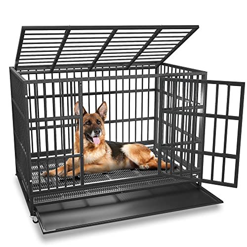 BOLDBONE 54/48/42/38 inch Heavy Duty Indestructible and Escape-Proof Dog Crate Cage Kennel for Large Dogs, High Anxiety Dog Crate with Removable Crate Trays, Wheels and Double Door, Extra Large XL XXL