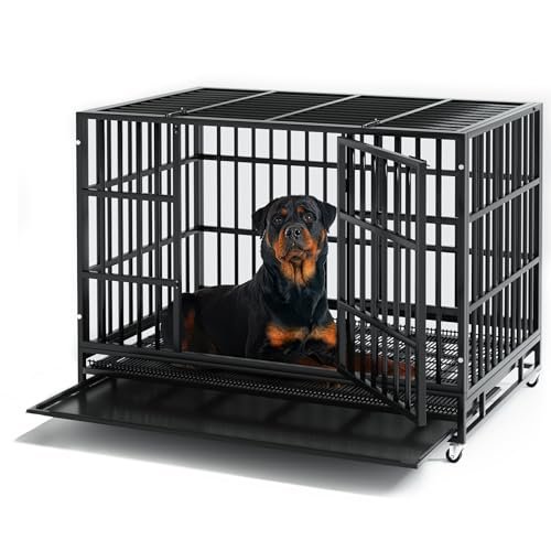 48 inch Heavy Duty Dog Crate, Indestructible Dog Cage Kennel for High Anxiety Dog, Escape Proof & Sturdy Locks Design, Extra Large Crate Indoor with Double Door and Removable Tray