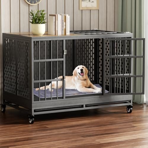 Snuowu 48/42/38 Inch Heavy Duty Dog Crate with Wheels, Folding Metal Big Dog Cage for Large and Medium Dogs, Extra Large XL XXL Indestructible Dog Crate with Removable Tray.