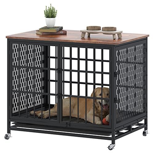 BOINN 42 inch Extra Large Dog Crate Furniture with Removable Trays, 3 Doors, 4 Wheels & 5 Locks - for Medium and Large Dogs