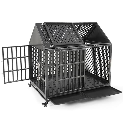 Huddycove Heavy Duty Dog Crate with Self-Locking Latch for High Anxiety Dogs, 46 Inch Indestructible Large Kennel Indoor, Removable Trays and Lockable Wheels, Chew Proof Cage with Pointed Roof